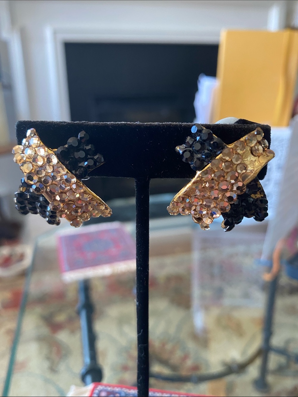 Gold and Black Crystal Cluster Clip-On Earrings - Women Jewelry